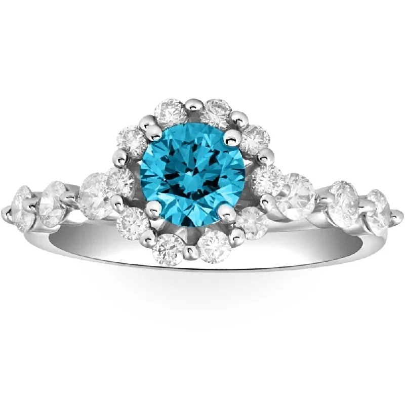 Women’s engagement rings with diamond accents-VS 1 1/2Ct Blue & White Diamond Halo Engagement Ring in 10k White Gold