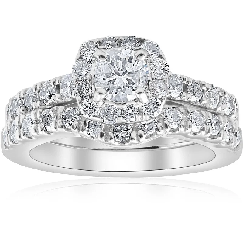 Women’s gold engagement rings-Pompeii3 14k White Gold 1 1/4 ct TDW Cushion Halo Diamond Engagement Wedding Ring Set