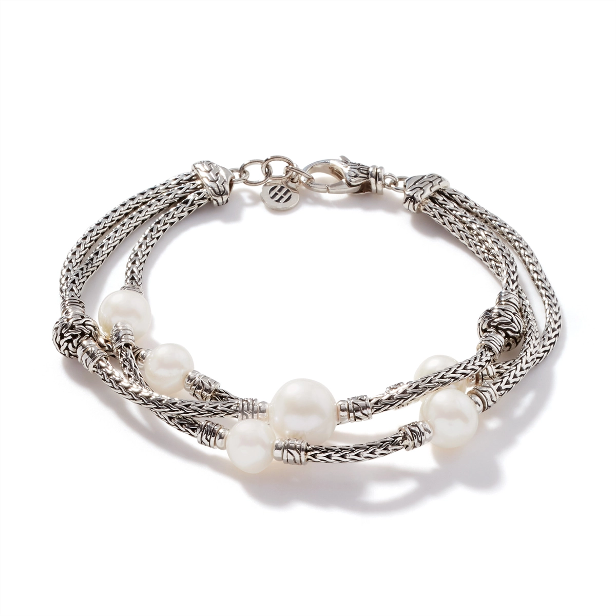 Women’s custom bracelets-John Hardy Classic Chain Silver Triple Row Bracelet with Lobster Clasp with 7-10mm Fresh Water Pearl