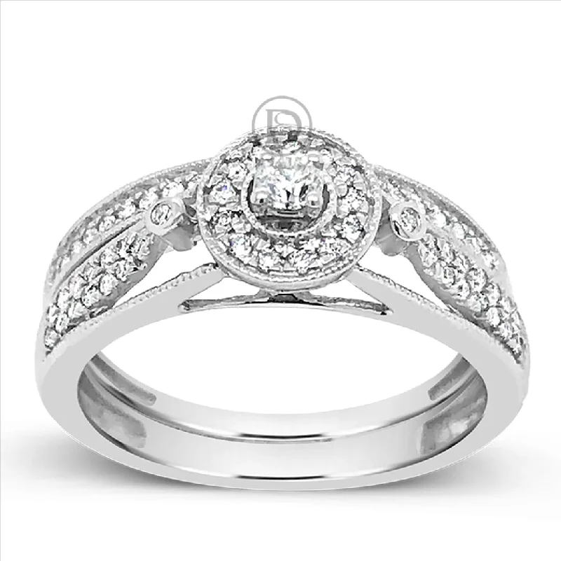 Women’s multi-diamond engagement rings-Diamond Halo Engagement Ring .33 CTW Round Cut 14K White Gold