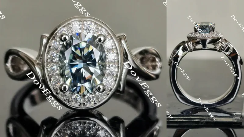 Women’s engagement rings with sapphires-Doveggs Smokey Sparks Grey ribbon halo oval moissanite engagement ring