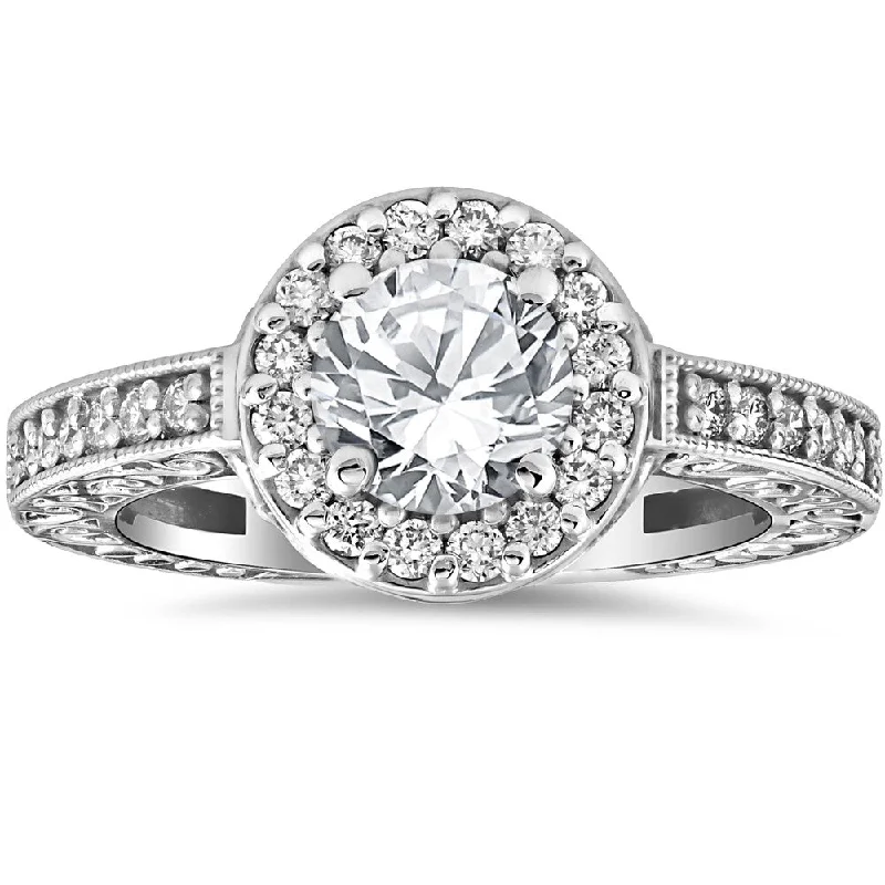 Women’s pear-shaped engagement rings-14k White Gold 1 1/3 cttw Diamond Clarity Enhanced Antique Halo Art Deco Engagement Ring