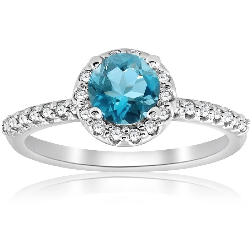 Women’s custom engagement rings-Pompeii3 14K White Gold 7/8 ct TDW Diamond Halo Blue Topaz Engagement Anniversary Ring