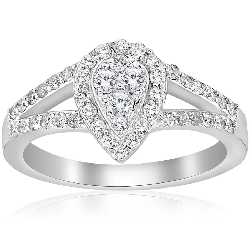 Women’s art nouveau engagement rings-10K White Gold 1/2 ct Dimond Pear Shape Framed Halo Split Shank Engagement Ring (I-J,I2-I3)