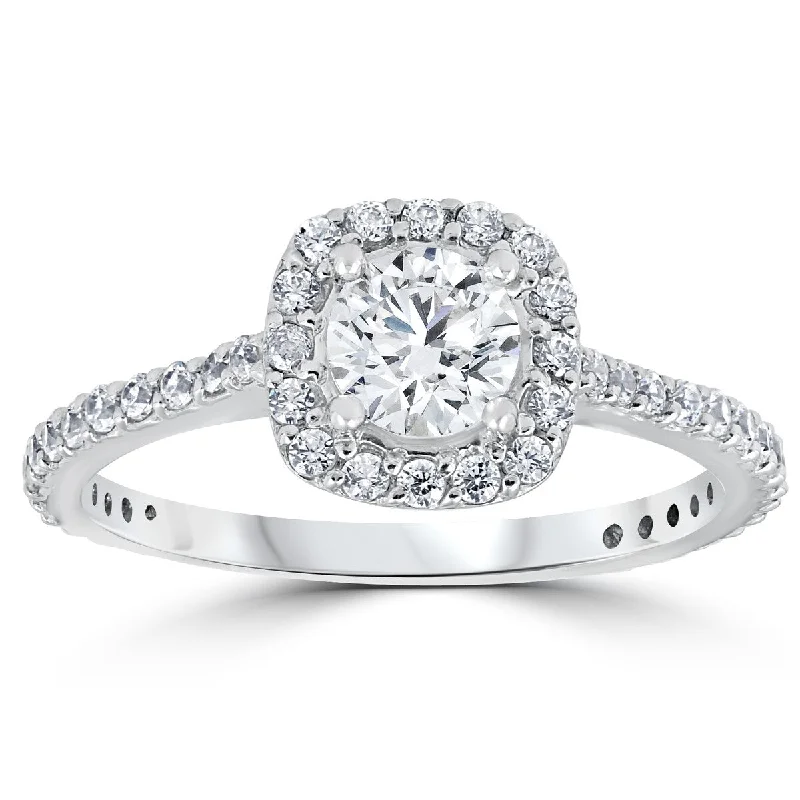 Women’s modern solitaire engagement rings-1 1/5ct TDW Cushion Halo Round Diamond Engagement Ring 14k White Gold Solitaire