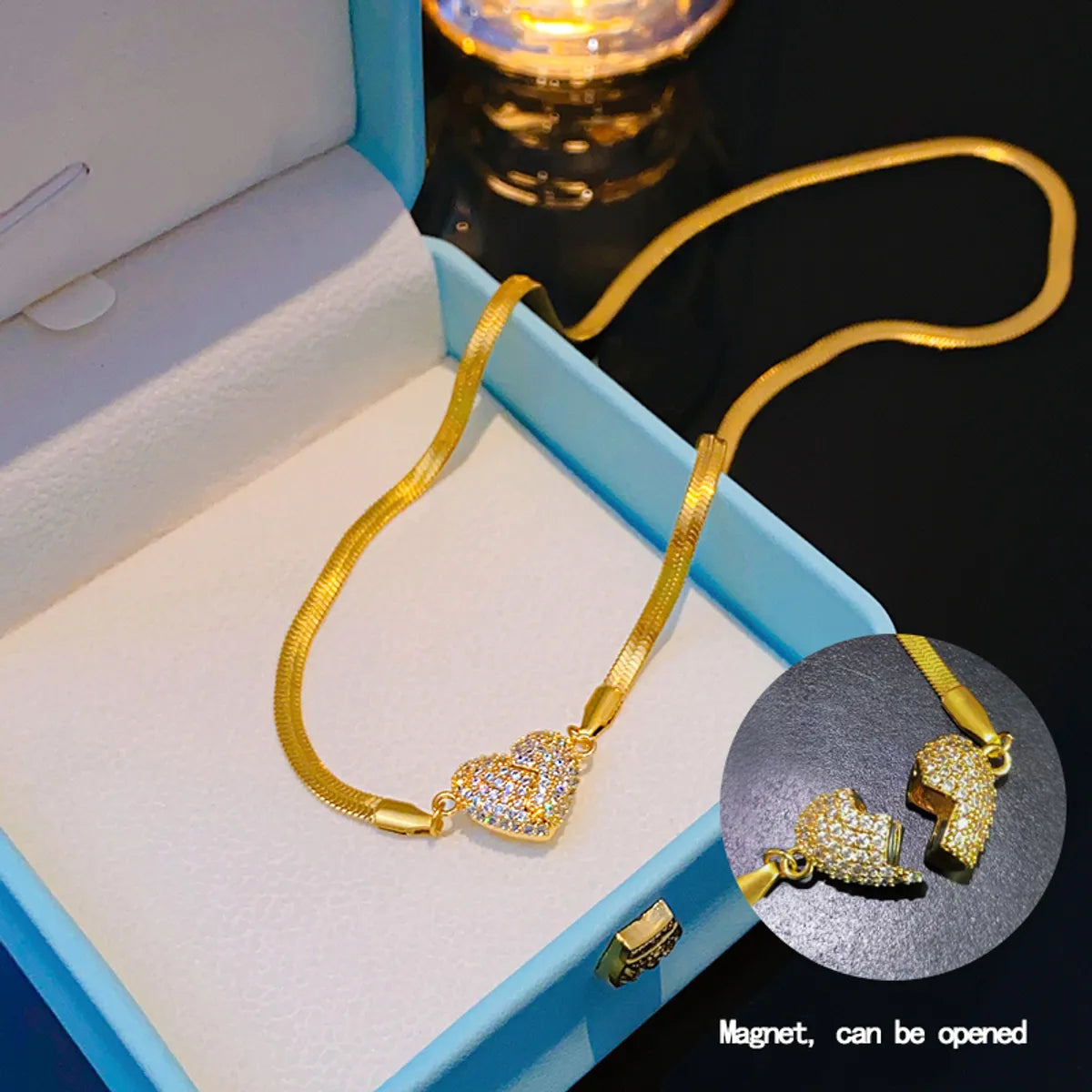 Gold Blade Chain Openable Heart Necklace (Magnet)