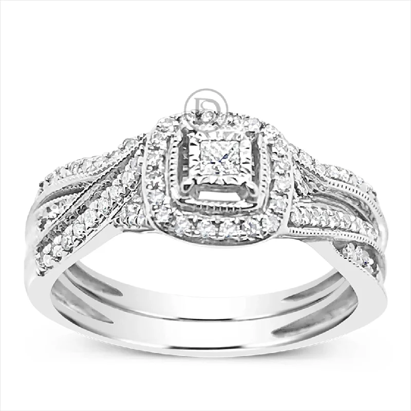 Women’s two-tone engagement rings-Diamond Halo Engagement Ring .25 CTW Princess w/ Round Cut 10K White Gold