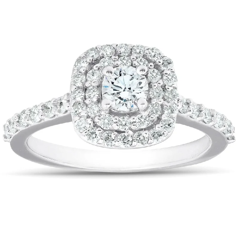 Women’s engagement rings with matching wedding bands-3/4Ct Diamond Cushion Double Halo Engagement Ring 14k White Gold