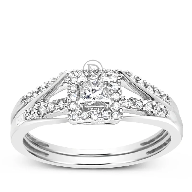 Women’s large gemstone engagement rings-Diamond Halo Engagement Ring .25 CTW Princess & Round Cut 10K White Gold