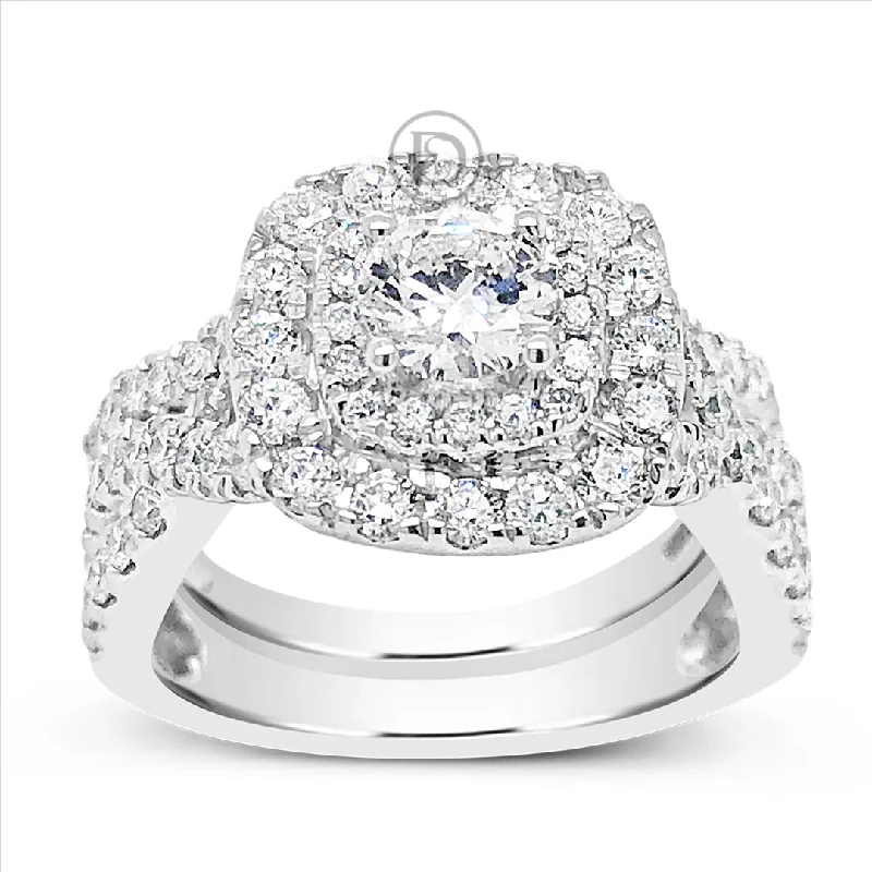 Women’s halo engagement rings-Diamond Halo Engagement Ring 1.96 CTW Round Cut 14K White Gold