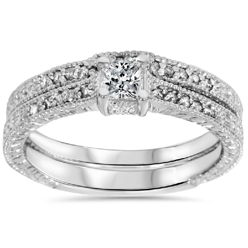 Women’s large gemstone engagement rings-14k White Gold 7/10 ct TDW Diamond Vintage Princess Cut Engagement Wedding Ring Set