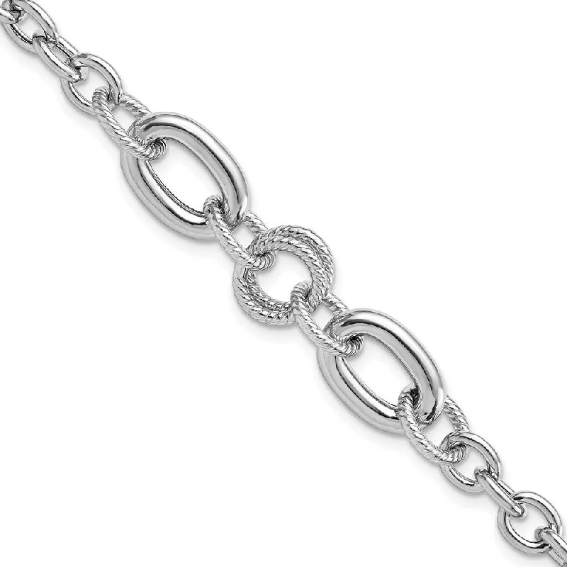 Women’s geometric bracelets-Women’s geometric bracelets-925 Sterling Silver Rhodium-plated Fancy Textured Link Bracelet, 7.75" (W-10.2mm)