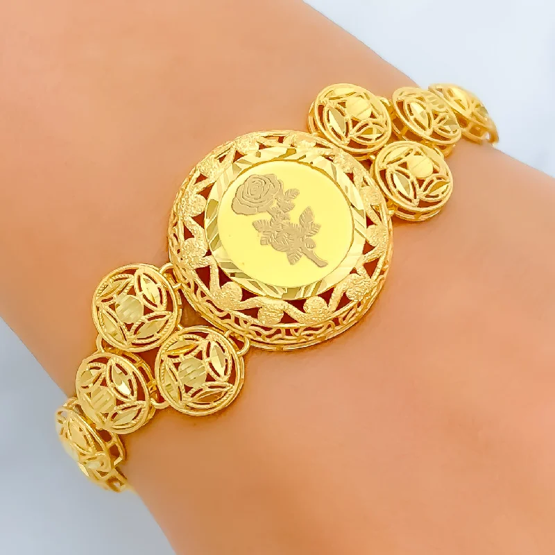 Women’s luxury bangle bracelets-Women’s luxury bangle bracelets-Floral Sand Finished 21k Gold Coin Bracelet