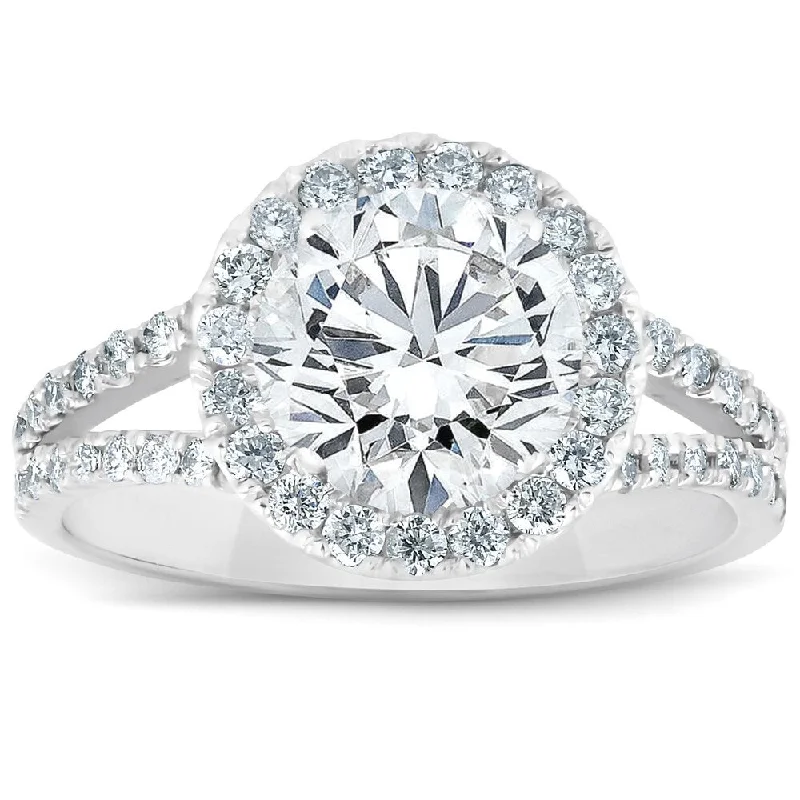 Women’s vintage engagement rings-Platinum 2 Ct Diamond Halo Engagement Ring Split Band Size 6.5