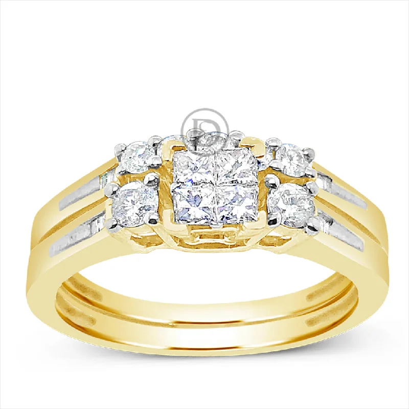 Women’s custom gemstone engagement rings-Diamond Engagement Ring .50 CTW Princess & Round Cut Yellow Gold Bridal Set