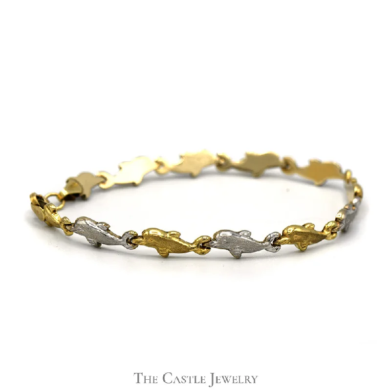 Women’s natural stone bracelets-Women’s natural stone bracelets-Two Tone 7 Inch Dolphin Link Bracelet in 10k Yellow and White Gold