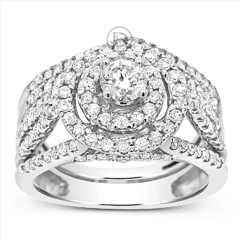 Women’s diamond accent engagement rings-Diamond Halo Engagement Ring 1 CTW Round Cut 14K White Gold