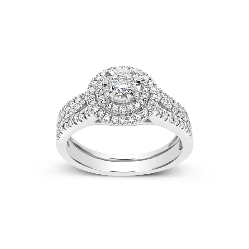 Women’s white gold engagement rings-Diamond Halo Engagement Ring .75 CTW Round Cut 14K White Gold