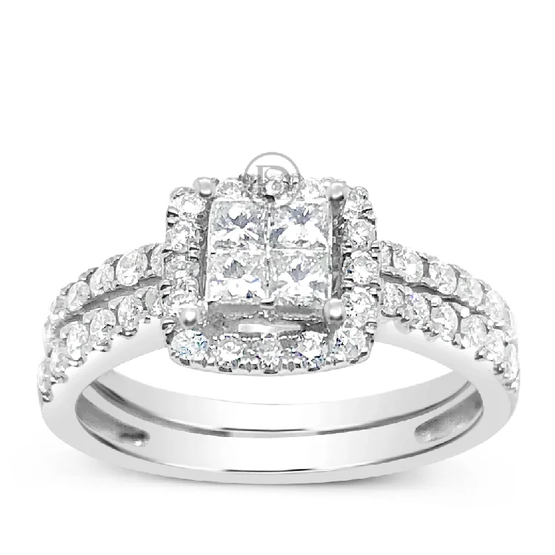 Women’s emerald cut engagement rings-Diamond Halo Engagement Ring .93 CTW Princess w/ Round Cut 14K White Gold