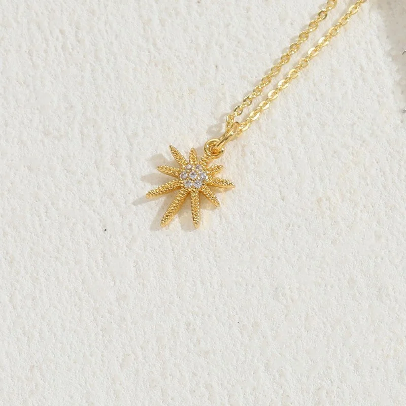 Small Sun 14K Real Gold Zircon Necklace